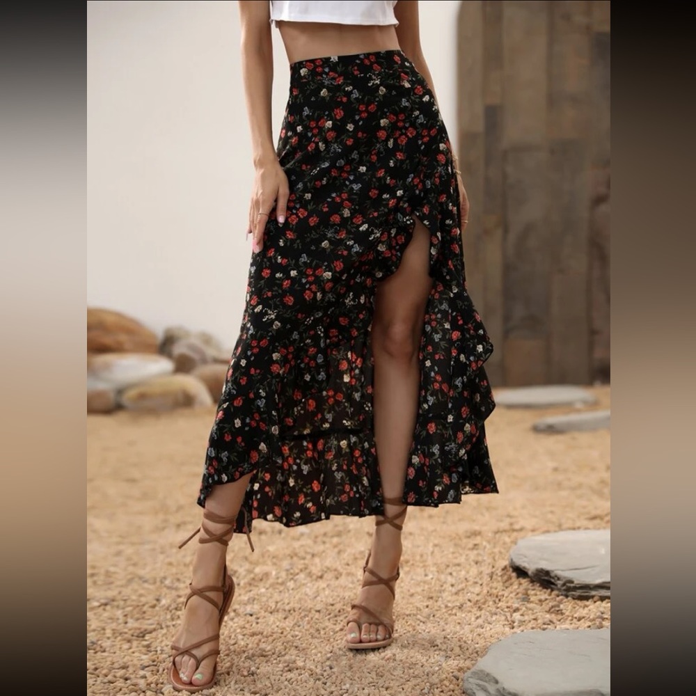 Floral Print Ruffle Trim Asymmetrical Hem Skirt